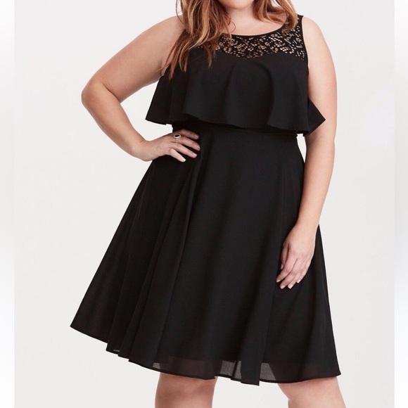 [16]Torrid Georgette Lace Illusion Skater Dress Black Plus C64586 - Picture 1 of 10